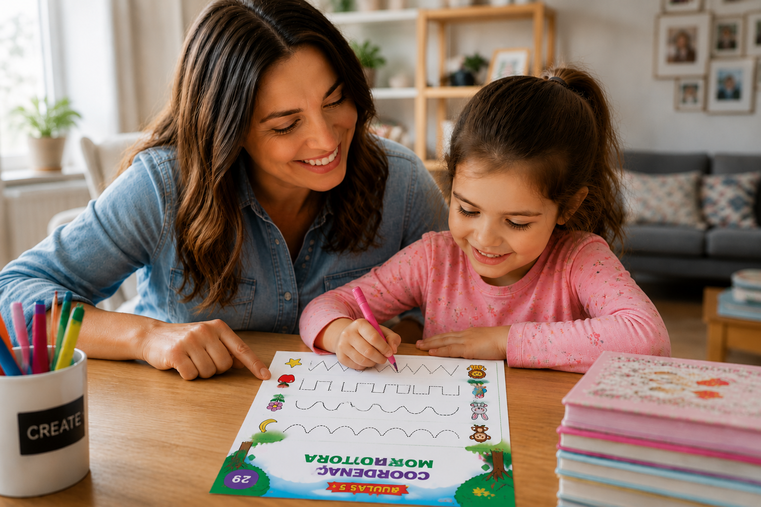 Mãe e filha aprendendo o alfabeto juntas em casa